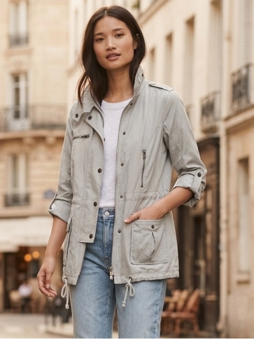 Joie Barker Hooded Utility Anorak Jacket Silver Gray Small